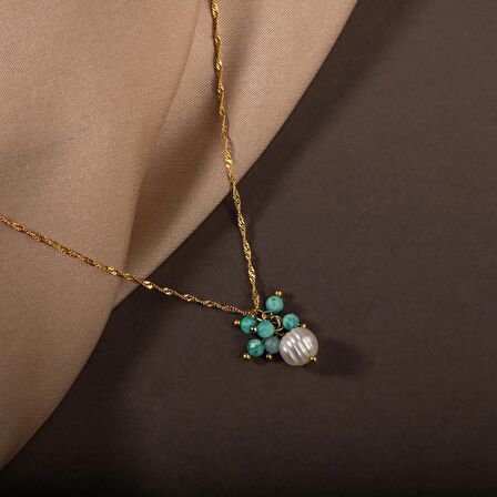 İnci-Amazonit Doğal Taş Gümüş Kolye