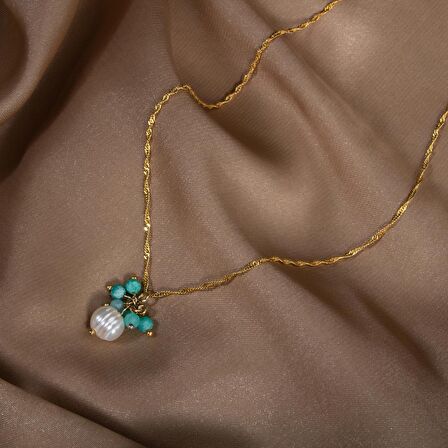 İnci-Amazonit Doğal Taş Gümüş Kolye