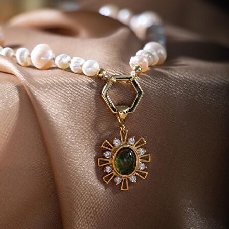 İnci-Zebercet Doğal Taş Gümüş Kolye