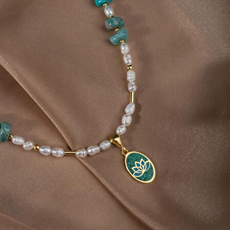 İnci-Amazonit Doğal Taş Gümüş Kolye