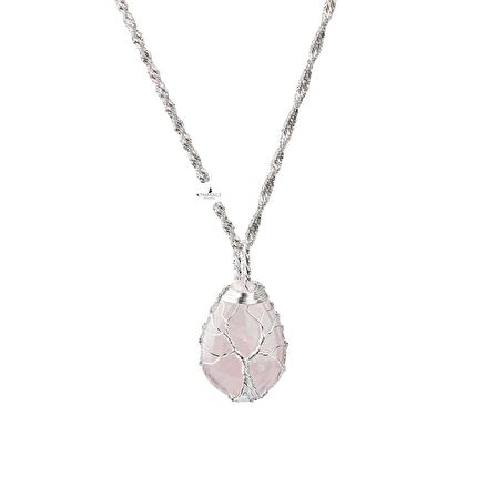 Pembe Kuvars Hayat Ağacı Doğal Taş Gümüş Zincir Kolye