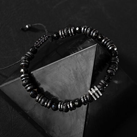 Turmalin-Siyah Lav Taşı-Hematit Doğal Taş Erkek Makrome Bileklik