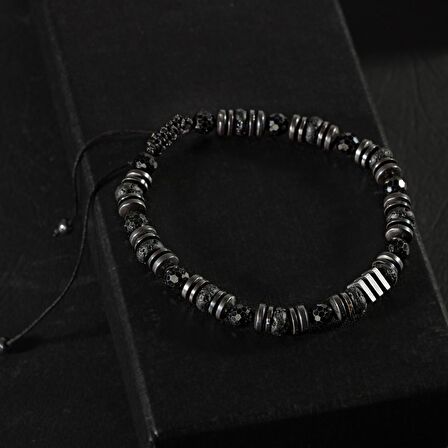 Turmalin-Siyah Lav Taşı-Hematit Doğal Taş Erkek Makrome Bileklik