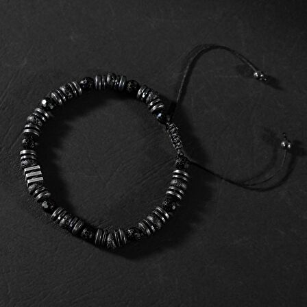 Turmalin-Siyah Lav Taşı-Hematit Doğal Taş Erkek Makrome Bileklik