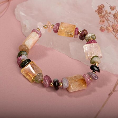 Renkli Turmalin-Sitrin Doğal Taş Bileklik