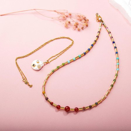 Çakra-İnci Doğal Taş Kolye Seti-Ay Taşı-Ametist-Lapis-Amazonit-Yeşim-Güneş Taşı-Jasper-Akik