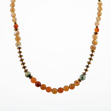 Karnelyan Akik-Turuncu Aventurin-Pehnit-Sedef-Hematit Doğal Taş Kolye