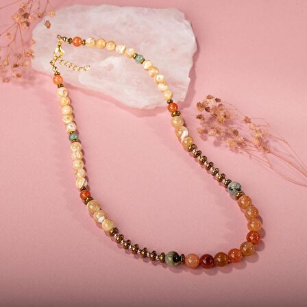 Karnelyan Akik-Turuncu Aventurin-Pehnit-Sedef-Hematit Doğal Taş Kolye