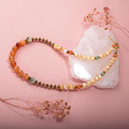 Karnelyan Akik-Turuncu Aventurin-Pehnit-Sedef-Hematit Doğal Taş Kolye