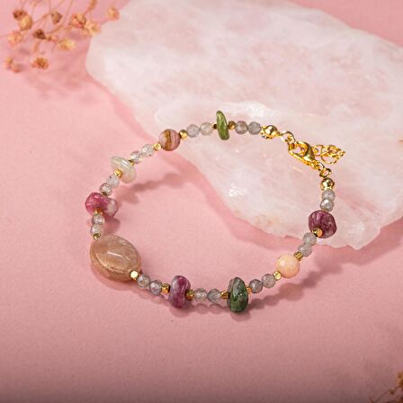 Labradorit-Renkli Turmalin-Güneş Taşı-Pembe Opal Doğal Taş Bileklik