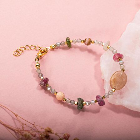 Labradorit-Renkli Turmalin-Güneş Taşı-Pembe Opal Doğal Taş Bileklik