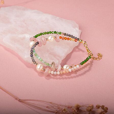Karnelyan Akik-İyolit-Pembe Opal-İnci-Pembe Kuvars-Hematit-Diopsit-Prehnit Doğal Taş Bileklik