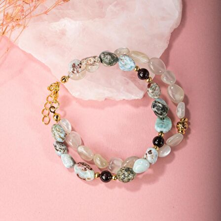 Larimar-Lal-Hematit-İnci-Ay Taşı Altın Kaplama Doğal Taş Bileklik