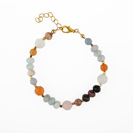 Anjelit-Morganit-Pembe Kuvars-Renkli Turmalin-Ay Taşı-Turuncu Aventurin-Akuamarin-Madagaskar Akik Doğal Taş Bileklik