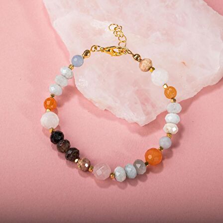 Anjelit-Morganit-Pembe Kuvars-Renkli Turmalin-Ay Taşı-Turuncu Aventurin-Akuamarin-Madagaskar Akik Doğal Taş Bileklik