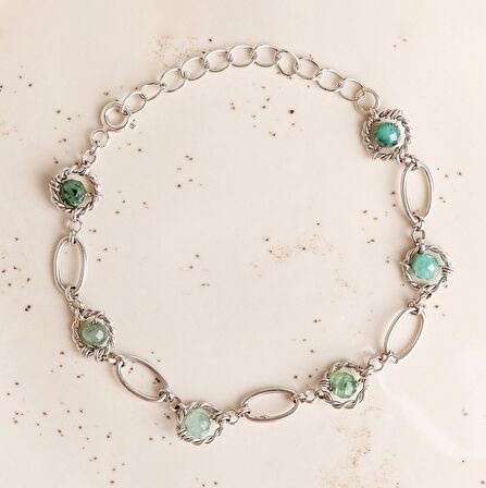 Zümrüt Doğal Taş Gümüş Zincir Bileklik