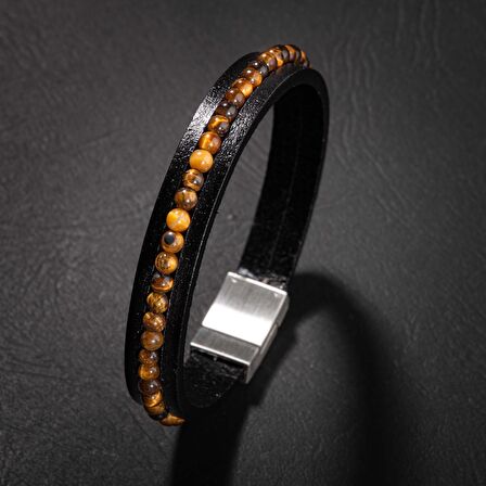 Kaplan Gözü Doğal Taş Deri Erkek Tasarım Bileklik