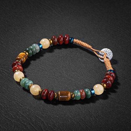 Jasper-Hint Akik-Kalsit-Kaplan Gözü-Hematit Doğal Taş Gümüş Erkek Bileklik