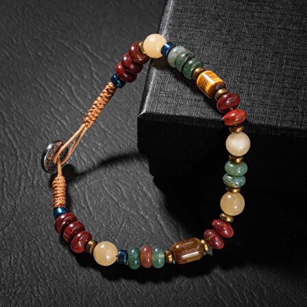 Jasper-Hint Akik-Kalsit-Kaplan Gözü-Hematit Doğal Taş Gümüş Erkek Bileklik