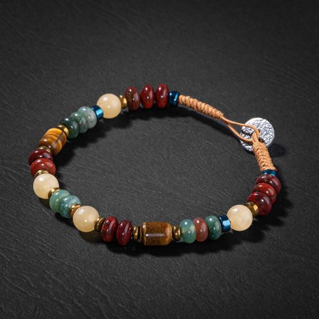 Jasper-Hint Akik-Kalsit-Kaplan Gözü-Hematit Doğal Taş Gümüş Erkek Bileklik