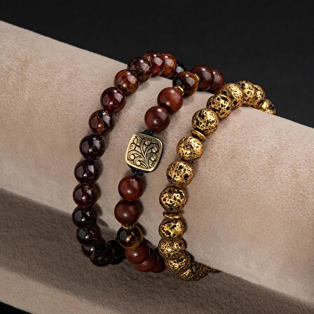 Lav Taşı-Kuka-Hematit Doğal Taş Telkari Gümüş Bileklik Seti