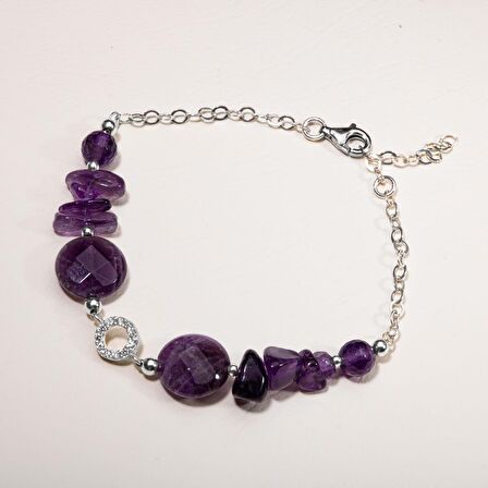 Ametist Doğal Taş Gümüş Tasarım Bileklik - 20-21cm