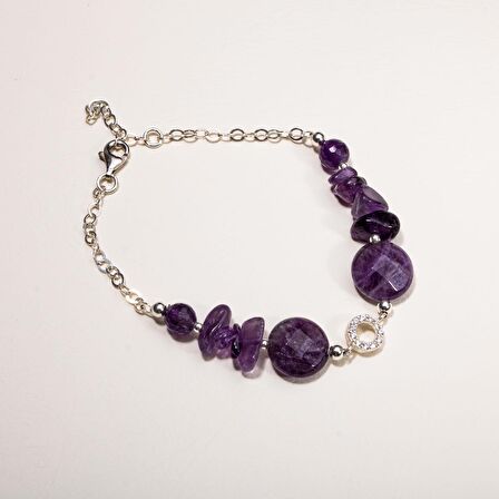 Ametist Doğal Taş Gümüş Tasarım Bileklik - 20-21cm