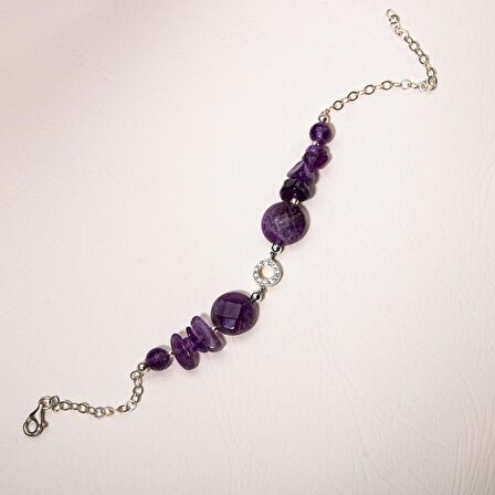 Ametist Doğal Taş Gümüş Tasarım Bileklik - 20-21cm