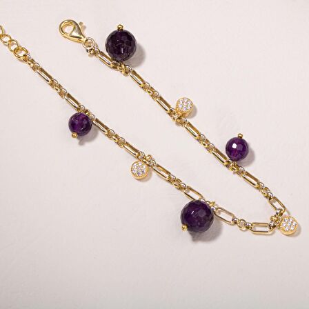 Ametist Doğal Taş Gümüş Zirkon Tasarım Bileklik - 20-21cm