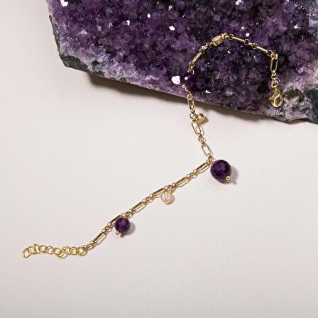 Ametist Doğal Taş Gümüş Zirkon Tasarım Bileklik - 20-21cm