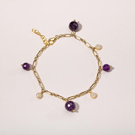 Ametist Doğal Taş Gümüş Zirkon Tasarım Bileklik - 20-21cm