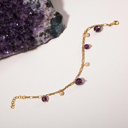 Ametist Doğal Taş Gümüş Zirkon Tasarım Bileklik - 20-21cm