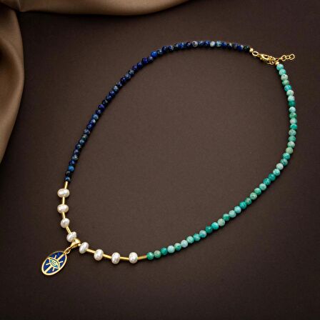 Mozaik Lapis Lazuli Taşlı-Amazonit-İnci Doğal Taş Gümüş Tasarım Kolye - 54cm