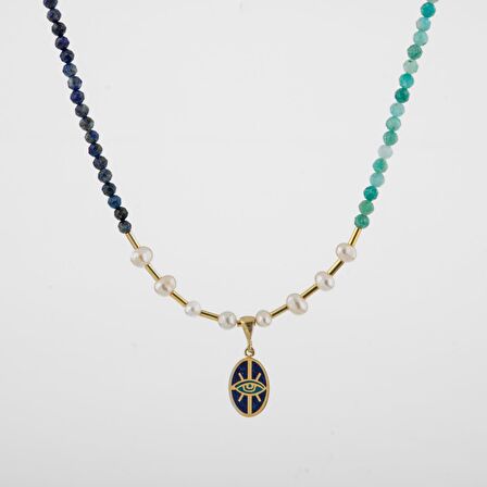 Mozaik Lapis Lazuli Taşlı-Amazonit-İnci Doğal Taş Gümüş Tasarım Kolye - 54cm