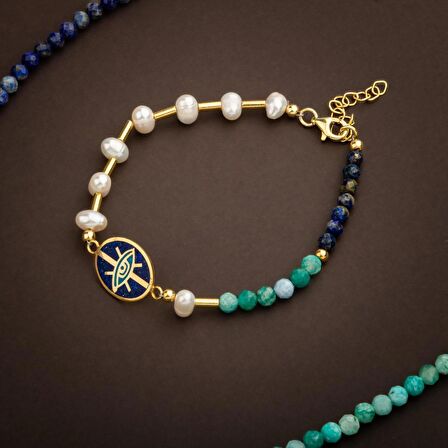 Mozaik Lapis Lazuli Taşlı-Amazonit-İnci Doğal Taş Gümüş Tasarım Kolye Bileklik Seti - 54cm