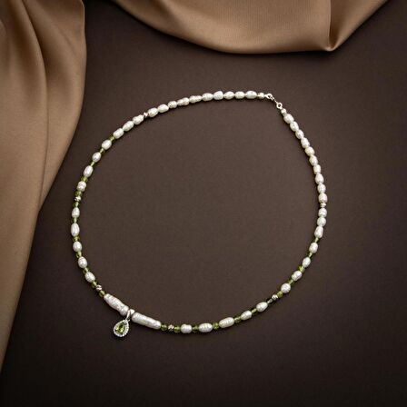 İnci-Zebercet Peridot Doğal Taş Gümüş Tasarım Kolye - 54cm