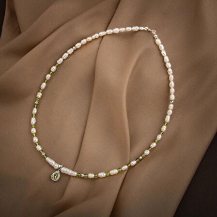İnci-Zebercet Peridot Doğal Taş Gümüş Tasarım Kolye - 54cm