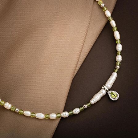 İnci-Zebercet Peridot Doğal Taş Gümüş Tasarım Kolye - 54cm