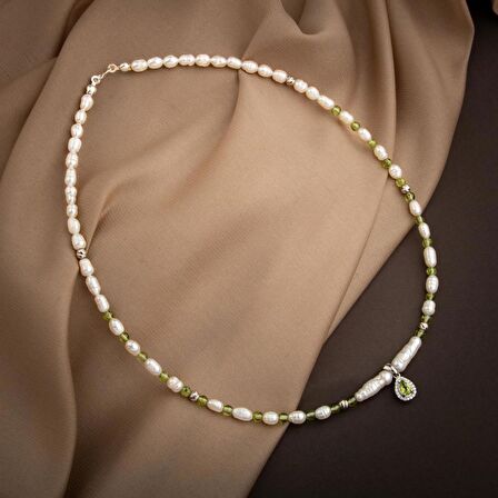 İnci-Zebercet Peridot Doğal Taş Gümüş Tasarım Kolye - 54cm