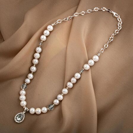 Topaz Gümüş Uç-Topaz-İnci Doğal Taş Gümüş Kolye  - 54cm