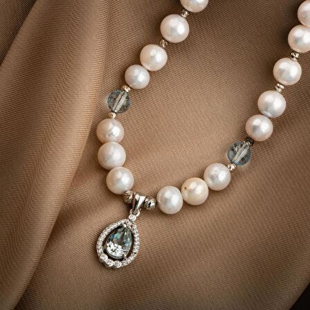Topaz Gümüş Uç-Topaz-İnci Doğal Taş Gümüş Kolye  - 54cm