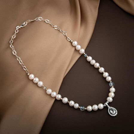 Topaz Gümüş Uç-Topaz-İnci Doğal Taş Gümüş Kolye  - 54cm
