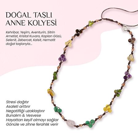 Anne Doğal Taş Kolye-Rodonit-Selenit-Hematit-Kalsit-Kaplan Gözü-Sitrin-Ametist-Yeşim-Kehribar-Aventurin-Kristal Kuvars-Zebercet-Pembe Kuvars