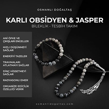 Gri Jasper-Karlı Obsidyen Doğal Taş Tesbih Bileklik Seti