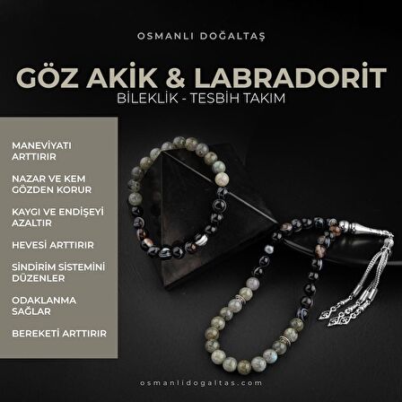 Labradorit-Siyah Göz Akik Doğal Taş Tesbih Bileklik Seti