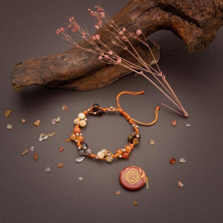 Sakral Çakra Doğal Taş Bileklik - Kaplan Gözü-Rutilli Kuvars-Sitrin-Akik-Kalsit-Aventurin