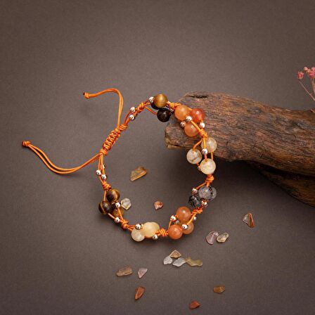 Sakral Çakra Doğal Taş Bileklik - Kaplan Gözü-Rutilli Kuvars-Sitrin-Akik-Kalsit-Aventurin