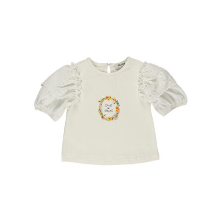 Panço Kız Çocuk Kolları Dantel Detaylı T-Shirt Beyaz