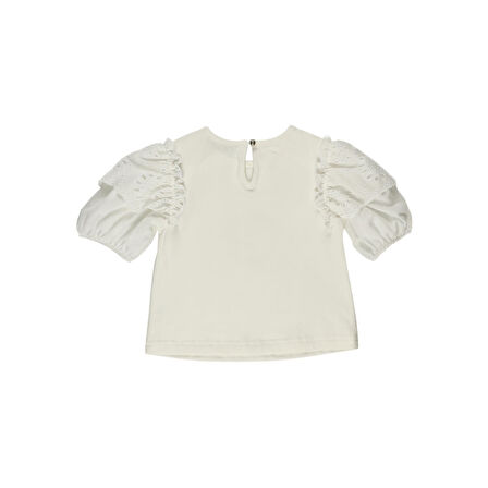 Panço Kız Çocuk Kolları Dantel Detaylı T-Shirt Beyaz