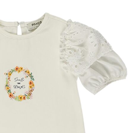 Panço Kız Çocuk Kolları Dantel Detaylı T-Shirt Beyaz